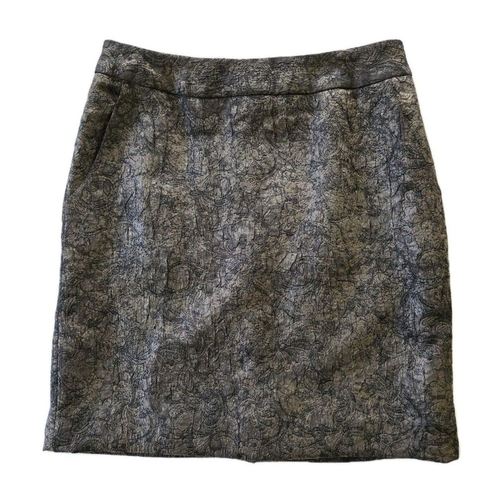 Coldwater Creek Petite 6 Pencil Skirt Black Brown Floral Lined Pockets Knee High